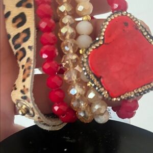 Four strand necklace with leopard band and rhinestone stone unique